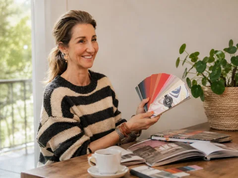 Caroline Stupf zeigt einen Farbfächer für die Farbberatung