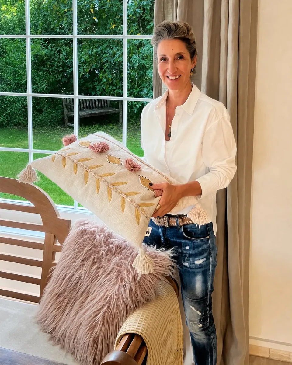 Innendekorateurin Caroline Stupf hält ein dekoratives Kissen in einem eingerichteten Wohnraum